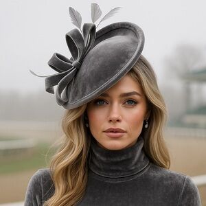 Gray Grey Velvet Gold Fascinator Disc Netting Bow Feather Church Derby Tea Hat